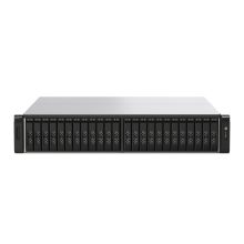 QNAP TS-h2490FU NAS de bastidor 2U con procesador EPYC 7302P, 256 GB DDR4 y cero TB de almacenamiento, SKU TS-H2490FU-7302P-256G, en colores negro y gris.