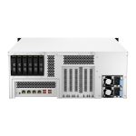 Vista frontal del QNAP TS-H3087XU-RP NAS de bastidor 4U, equipado con procesador Intel Xeon E-2378, 64GB DDR4 y 0 TB de almacenamiento para QuTS hero, en colores negro y blanco. SKU: TS-H3087XU-RP-E2378-64G