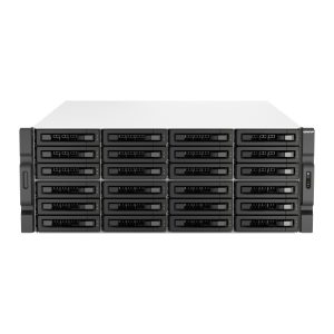 Vista frontal del QNAP TS-H3087XU-RP NAS de bastidor 4U, equipado con procesador Intel Xeon E-2378, 64GB DDR4 y 0 TB de almacenamiento para QuTS hero, en colores negro y blanco. SKU: TS-H3087XU-RP-E2378-64G