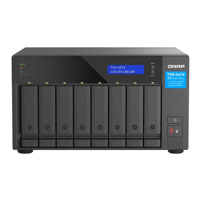 QNAP TVS-H874T NAS Torre Intel Core i9 64 GB DDR4 Servidor de almacenamiento NAS QNAP TVS-H874T con procesador Intel Core i9, 64 GB DDR4 RAM, sin disco duro, SKU TVS-H874T-I9-64G