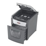 Trituradora de papel Rexel Optimum AutoFeed+ 50X, corte cruzado, 55 decibeles, 22 cm de ancho, colores negro y gris. SKU 2020050XEU
