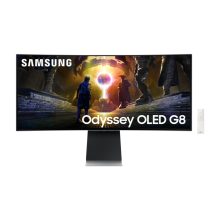 Pantalla de computadora Samsung G85SD de 34 pulgadas con resolución 3440 x 1440 Pixeles UltraWide Quad HD OLED en color plata. SKU LS34DG850SUXEN.