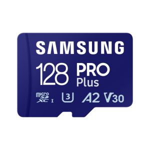 Vista de la memoria flash Samsung de 128 GB MicroSDXC UHS-I Clase 10, SKU MB-MD128SA/EU