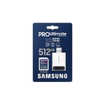 Samsung memoria flash con 512 GB de capacidad, tipo SDXC UHS-I, ideal para almacenamiento rápido y eficiente. SKU MB-SY512SB/WW