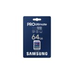 Tarjeta de memoria Samsung PRO Ultimate SDXC UHS-I Clase 3 de 64 GB, SKU MB-SY64S/WW, diseñada para alta velocidad y almacenamiento seguro de datos.