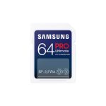 Tarjeta de memoria Samsung PRO Ultimate SDXC UHS-I Clase 3 de 64 GB, SKU MB-SY64S/WW, diseñada para alta velocidad y almacenamiento seguro de datos.
