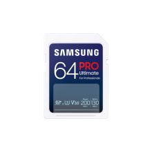 Tarjeta de memoria Samsung PRO Ultimate SDXC UHS-I Clase 3 de 64 GB, SKU MB-SY64S/WW, diseñada para alta velocidad y almacenamiento seguro de datos.