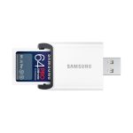Imagen de la tarjeta de memoria Samsung MB-SY64SB/WW SDXC UHS-I de 64 GB, destacada por su alta velocidad y capacidad adecuada para almacenamiento masivo.