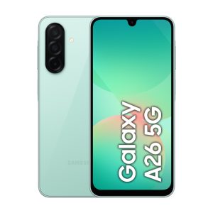 Samsung Galaxy A26 en color menta, con pantalla de 6.7 pulgadas, Dual SIM, 5G, 6 GB de RAM, 128 GB de almacenamiento, batería de 5000 mAh, SKU SM-A266BLGBEUE