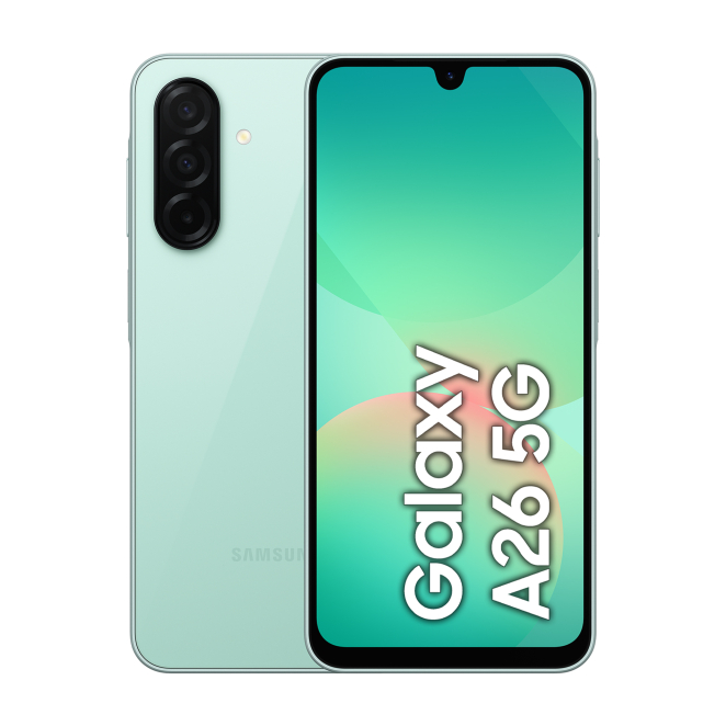Samsung Galaxy A26 Dual SIM 5G con pantalla de 6.7 pulgadas y 6 GB de RAM Samsung Galaxy A26 en color menta, con pantalla de 6.7 pulgadas, Dual SIM, 5G, 6 GB de RAM, 128 GB de almacenamiento, batería de 5000 mAh, SKU SM-A266BLGBEUE