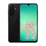 Samsung Galaxy A26 en color negro, con pantalla de 6.7 pulgadas, Dual SIM, Android 15, 5G, 6 GB de RAM y 128 GB de almacenamiento. SKU SM-A266BZKBEUE