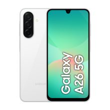 Samsung Galaxy A26 con pantalla de 6.7 pulgadas, ranura híbrida dual SIM, Android 15, 5G, USB Tipo C, 8 GB RAM, 256 GB almacenamiento y batería de 5000 mAh en color blanco. SKU SM-A266BZWCEUE.