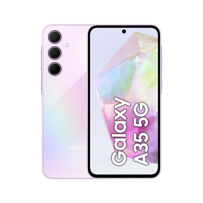 Samsung Galaxy A35 5G Lila con pantalla de 6.6 pulgadas y ranura Dual SIM Samsung Galaxy A35 5G color lila con pantalla de 6.6 pulgadas, ranura híbrida Dual SIM, 6 GB de RAM, 128 GB de almacenamiento, Android 14, batería de 5000 mAh, USB Tipo C. SKU: SM-A356BLVBEUE
