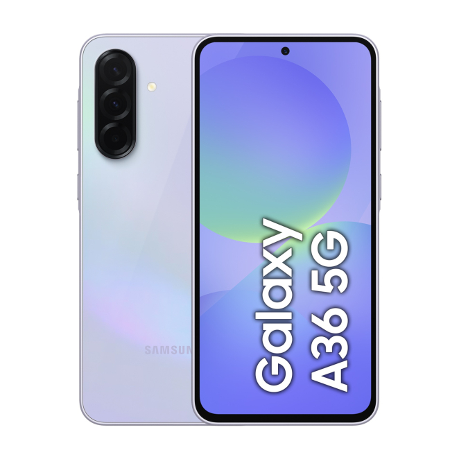 Samsung Galaxy A36 6.7 pulgadas con doble SIM y Android 15 en color Lavanda Imagen del Samsung Galaxy A36, un smartphone de 6.7 pulgadas con doble SIM, Android 15, 5G, USB Tipo C, 8 GB de RAM, 256 GB de almacenamiento y batería de 5000 mAh en color Lavanda. SKU: SM-A366BLVGEUE