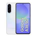 Imagen del Samsung Galaxy A36 con pantalla de 6.7 pulgadas, SIM doble, Android 15, 5G, USB Tipo C, 6 GB de RAM, 128 GB de almacenamiento y batería de 5000 mAh en color blanco, SKU SM-A366BZABEUE