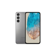 Imagen frontal del Samsung Galaxy M35 5G en color gris con pantalla de 6,6 pulgadas, ranura dual SIM, 6 GB de RAM, 128 GB de almacenamiento y batería de 6000 mAh. SKU: SM-M356BZABEUE.