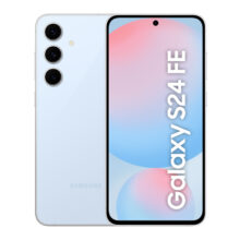 Imagen del Samsung Galaxy S24 FE, un smartphone con pantalla de 6.7 pulgadas, SIM doble, Android 14, 8 GB RAM, 256 GB de almacenamiento, batería de 4700 mAh y USB Tipo C en color azul. SKU: SM-S721BLBGEUE
