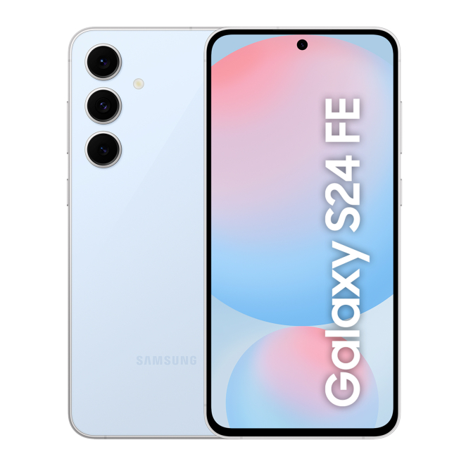 Samsung Galaxy S24 FE - Smartphone 5G de 6.7 pulgadas, Azul Imagen del Samsung Galaxy S24 FE, un smartphone con pantalla de 6.7 pulgadas, SIM doble, Android 14, 8 GB RAM, 256 GB de almacenamiento, batería de 4700 mAh y USB Tipo C en color azul. SKU: SM-S721BLBGEUE