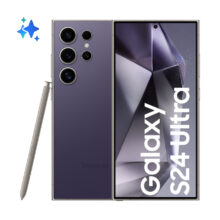 Imagen del Samsung Galaxy S24 Ultra con pantalla de 6.8 pulgadas, 12 GB de RAM, 512 GB de almacenamiento, soporte para SIM doble y conexión 5G en color titanio y violeta. SKU: SM-S928BZVHEUE