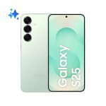 Imagen del Samsung Galaxy S25 en color menta con pantalla de 6.2 pulgadas, SIM doble, Android 15, 5G, USB Tipo C, 12 GB de RAM, 128 GB de almacenamiento y batería de 4000 mAh. SKU: SM-S931BLGDEUE