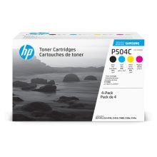 Imagen del paquete de 4 cartuchos de tóner original HP CLT-P504C de Samsung en colores cian, magenta, amarillo y negro, SKU SU400A