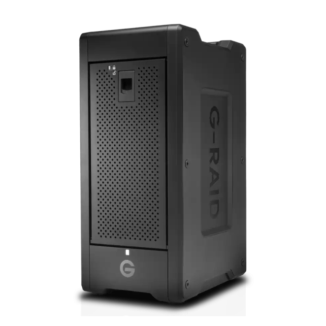 SanDisk G-RAID SHUTTLE 8 con 96 TB de almacenamiento Imagen del SanDisk G-RAID SHUTTLE 8, una unidad de disco múltiple de escritorio con 96 TB de capacidad, SKU SDPH48H-096T-MBAAB