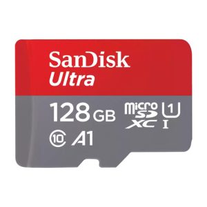 Imagen de la memoria flash SanDisk de 128 GB, tipo MicroSDXC Clase 10, SKU SDSQUAB-128G-GN6MT.