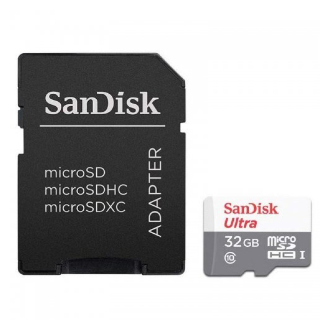 SanDisk Ultra microSD 32GB de alta velocidad UHS-I Clase 10 Tarjeta de memoria SanDisk Ultra microSD de 32 GB con especificaciones UHS-I Clase 10, SKU SDSQUNR-032G-GN3MA