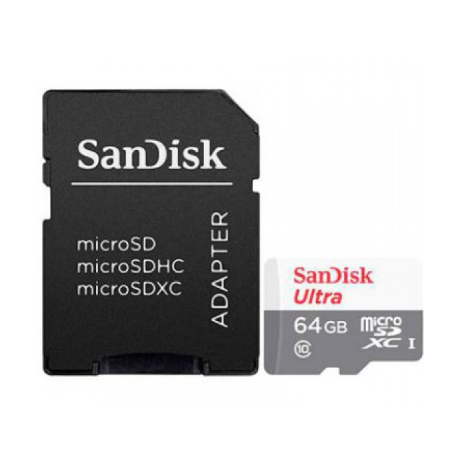 SanDisk microSDXC 64GB Ultra Clase 10 Tarjeta SanDisk 64GB Ultra microSDXC Clase 10, modelo SDSQUNR-064G-GN3MA, ideal para almacenamiento externo.