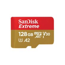 Imagen de la tarjeta de memoria SanDisk Extreme 128 GB MicroSDXC UHS-I Clase 10, SKU SDSQXAA-128G-GN6MA, ideal para almacenamiento externo de alta velocidad.
