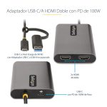 StarTech.com Adaptador USB-C a HDMI doble, soporta 2 monitores en 4K 60Hz, con entrega de alimentación PD de 100W y cable de 30cm. SKU 109B-USBC-HDMI