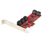 StarTech.com Tarjeta PCIe de 10 puertos SATA 6Gbps con conectores apilados y perfiles bajo y completo. SKU 10P6G-PCIE-SATA-CARD