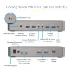 Docking Station KVM USB-C para Portátil StarTech.com, con conectividad 2 Monitores DisplayPort 4K 60Hz, 5 Puertos USB y PD 90/45W para Windows y Mac. SKU: 129UE-USBC-KVM-DOCK