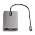 Adaptador Multipuerto USB-C de StarTech.com con triple salida de monitores HDMI y DisplayPort a 4K, puerto Gigabit Ethernet, lector de tarjetas SD/MicroSD y SKU 154B-USBC-MULTIPORT