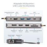 Adaptador Multipuerto USB-C de StarTech.com con triple salida de monitores HDMI y DisplayPort a 4K, puerto Gigabit Ethernet, lector de tarjetas SD/MicroSD y SKU 154B-USBC-MULTIPORT