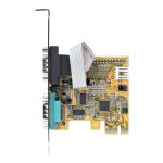 Tarjeta PCIe Serie de 2 Puertos StarTech.com con interfaz RS232 (DB9), perfil bajo y completo, retención COM, compatible con Windows y Linux. SKU 21050-PC-SERIAL-CARD