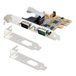 Tarjeta PCIe Serie de 2 Puertos StarTech.com con interfaz RS232 (DB9), perfil bajo y completo, retención COM, compatible con Windows y Linux. SKU 21050-PC-SERIAL-CARD