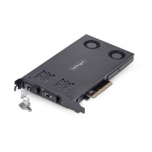 StarTech.com tarjeta rack móvil con dos bahías para SSD NVMe M.2 a PCIe x8, número de SKU 2M2-REMOVABLE-PCIE, soporta bifurcación y permite instalación sin herramientas