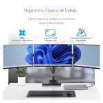 Soporte de escritorio StarTech.com para 3 monitores VESA 75x75/100x100 de 27 pulgadas, SKU 3MP2AG-MONITOR-ARM. Incluye opción de fijación por grommet o abrazadera en C y brazos asistidos por resorte.