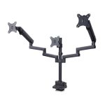 Soporte de escritorio StarTech.com para 3 monitores VESA 75x75/100x100 de 27 pulgadas, SKU 3MP2AG-MONITOR-ARM. Incluye opción de fijación por grommet o abrazadera en C y brazos asistidos por resorte.