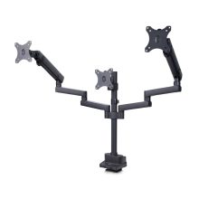 Soporte de escritorio StarTech.com para 3 monitores VESA 75x75/100x100 de 27 pulgadas, SKU 3MP2AG-MONITOR-ARM. Incluye opción de fijación por grommet o abrazadera en C y brazos asistidos por resorte.
