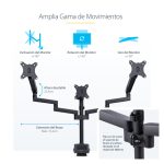 Soporte de escritorio StarTech.com para 3 monitores VESA 75x75/100x100 de 27 pulgadas, SKU 3MP2AG-MONITOR-ARM. Incluye opción de fijación por grommet o abrazadera en C y brazos asistidos por resorte.