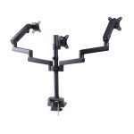 Soporte de escritorio StarTech.com para 3 monitores VESA 75x75/100x100 de 27 pulgadas, SKU 3MP2AG-MONITOR-ARM. Incluye opción de fijación por grommet o abrazadera en C y brazos asistidos por resorte.