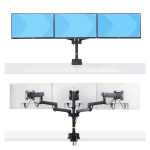 Soporte de escritorio StarTech.com para 3 monitores VESA 75x75/100x100 de 27 pulgadas, SKU 3MP2AG-MONITOR-ARM. Incluye opción de fijación por grommet o abrazadera en C y brazos asistidos por resorte.