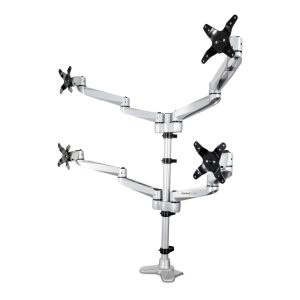 Soporte de montaje StarTech para cuatro monitores con movimiento total, modelo ARMQUADPS. Diseño premium y ajustable.