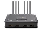 Imagen del interruptor KVM StarTech.com, modelo C2-DH46-UA2-CBL-KVM, en color negro, adecuado para gestionar múltiples dispositivos con facilidad.