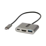 Imagen del adaptador multipuertos USB C de StarTech.com que convierte de USB Tipo C a HDMI, soporta vídeo de 4K, Power Delivery de 100W y tiene una mini docking station para portátil. SKU: CDP2HDUACP2