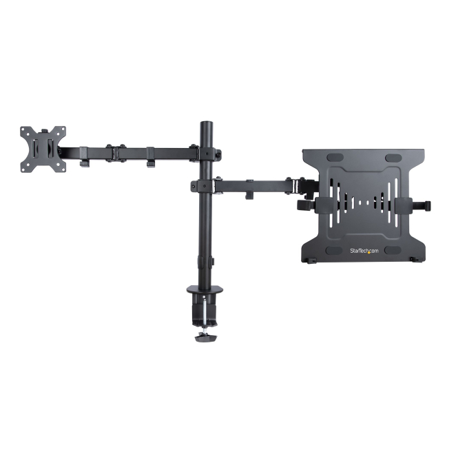 StarTech.com Brazo Soporte Ajustable para Monitor con Bandeja VESA para un Ordenador Portátil de 4,5kg y una Pantalla de hasta 32″ (8kg), Negro, con Mordaza en C/Grommet 2 Brazo soporte ajustable para monitor con bandeja VESA