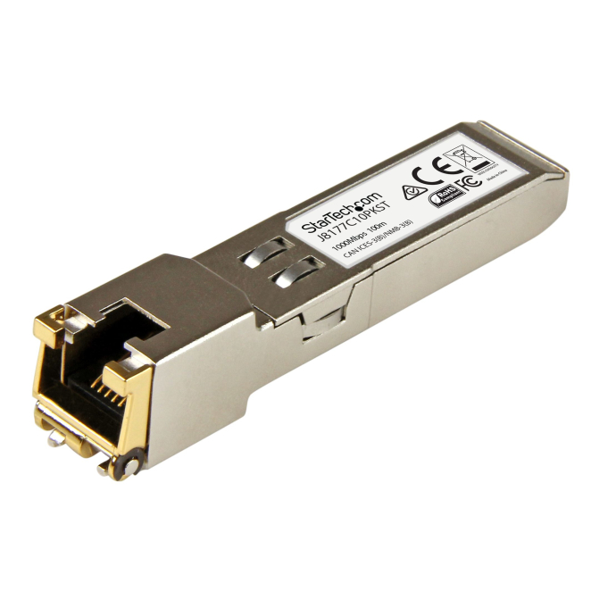 StarTech.com Paquete de 10 Módulos Transceptores SFP Compatibles con HPE - 1000BASE-T StarTech.com Paquete de 10 Módulos Transceptores SFP compatibles con HPE J8177C. Ofrecen conectividad Ethernet Gigabit de 1GbE mediante SFP a RJ45 Cat6/Cat5e. SKU: J8177C10PKST.
