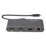 Imagen del StarTech.com Mini Dock Thunderbolt 3, estación de acoplamiento portátil para 2 monitores con DisplayPort 4K a 60Hz, hub USB-A 3.0, Gigabit Ethernet y cable de 28cm, SKU TB3DKM2DPL.